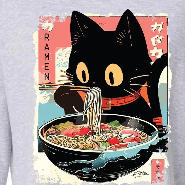 Kawaii Cat Eating Ramen Noodles Anime Cropped Pullover Crew