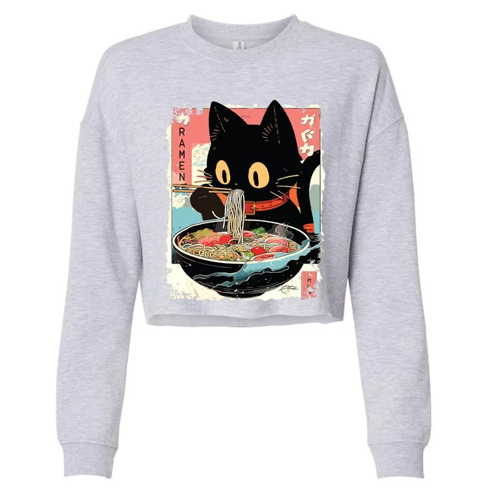 Kawaii Cat Eating Ramen Noodles Anime Cropped Pullover Crew