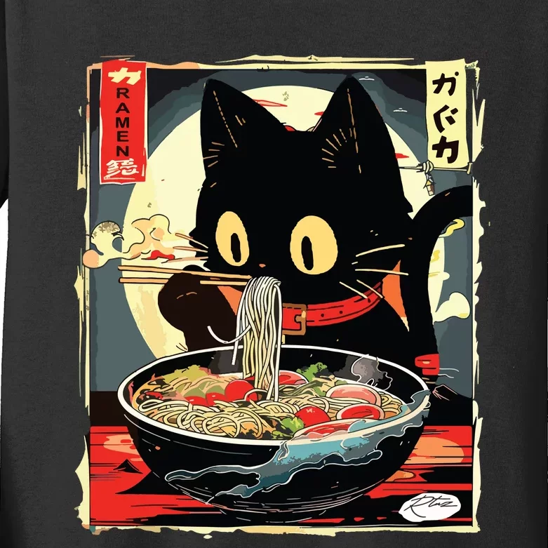 Kawaii Cat Eating Ramen Noodles Anime Gift Girl Kids Long Sleeve Shirt