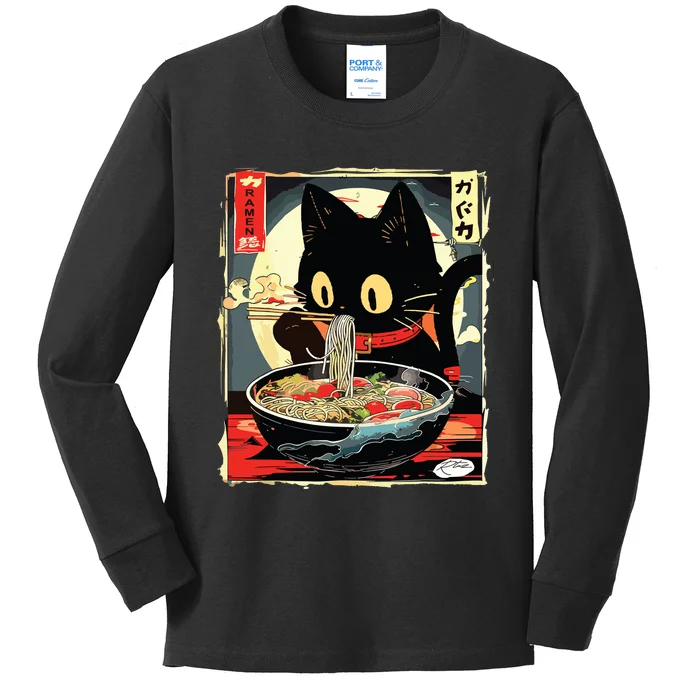 Kawaii Cat Eating Ramen Noodles Anime Gift Girl Kids Long Sleeve Shirt