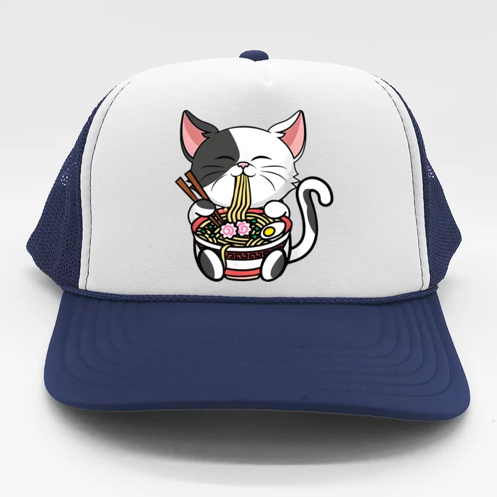 Kawaii Cat Eating Ramen Noodles Japanese Funny Anime Neko Trucker Hat