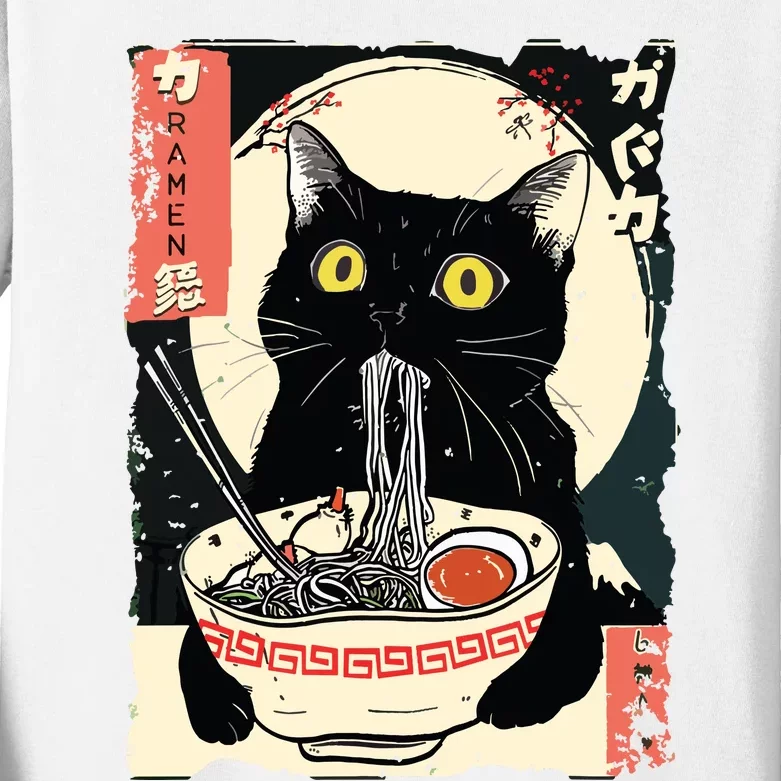 Kawaii Cat Eating Ramen Noodles Funny Anime Gift Girl Kids Long Sleeve Shirt