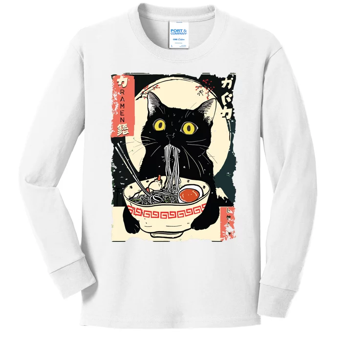 Kawaii Cat Eating Ramen Noodles Funny Anime Gift Girl Kids Long Sleeve Shirt