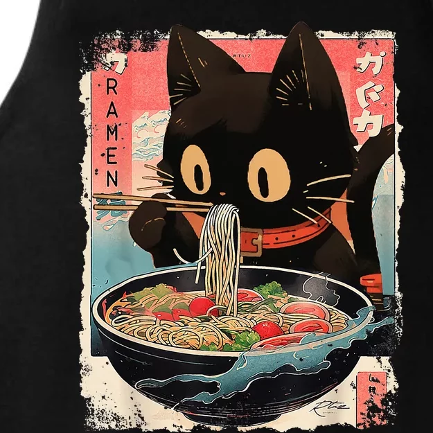 Kawaii Cat Eating Ramen Noodles Anime Ladies Tri-Blend Wicking Tank