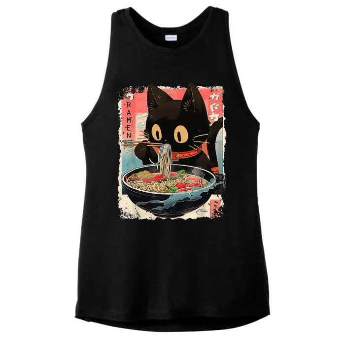 Kawaii Cat Eating Ramen Noodles Anime Ladies Tri-Blend Wicking Tank