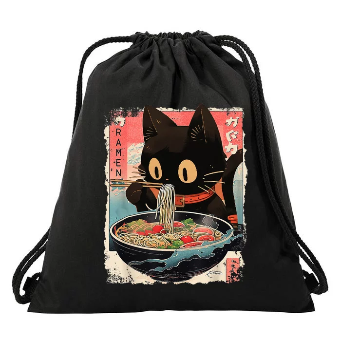 Kawaii Cat Eating Ramen Noodles Anime Drawstring Bag