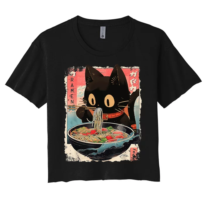 Kawaii Cat Eating Ramen Noodles Anime Women's Crop Top Tee