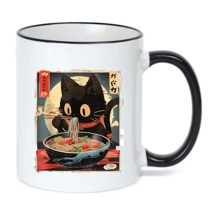 Kawaii Cat Eating Ramen Noodles Anime Gift Black Color Changing Mug