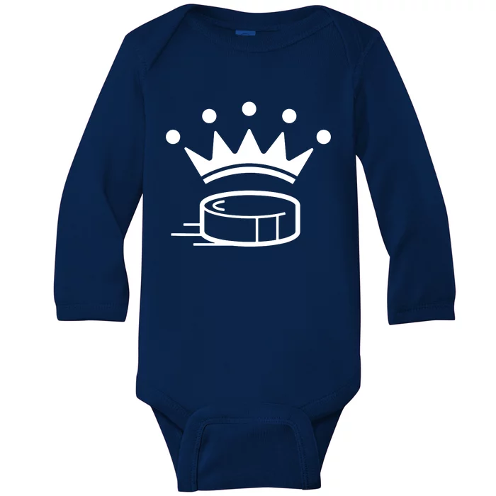 King Crown Hockey Puck Funny For Player Coach Fan Baby Long Sleeve Bodysuit