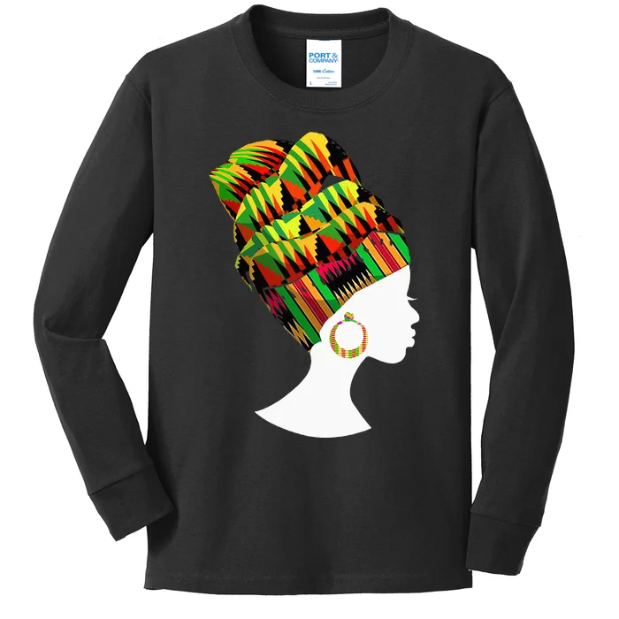 Kente Cloth Head Wrap African American BHM Kids Long Sleeve Shirt