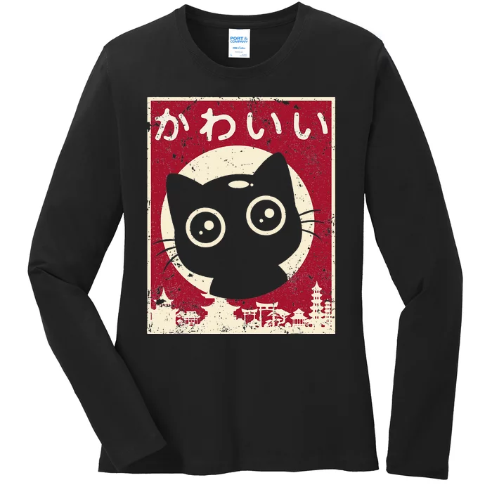 Kawaii Cat Japanese Black Anime Cat Lover Otaku Gifts Ladies Long Sleeve Shirt