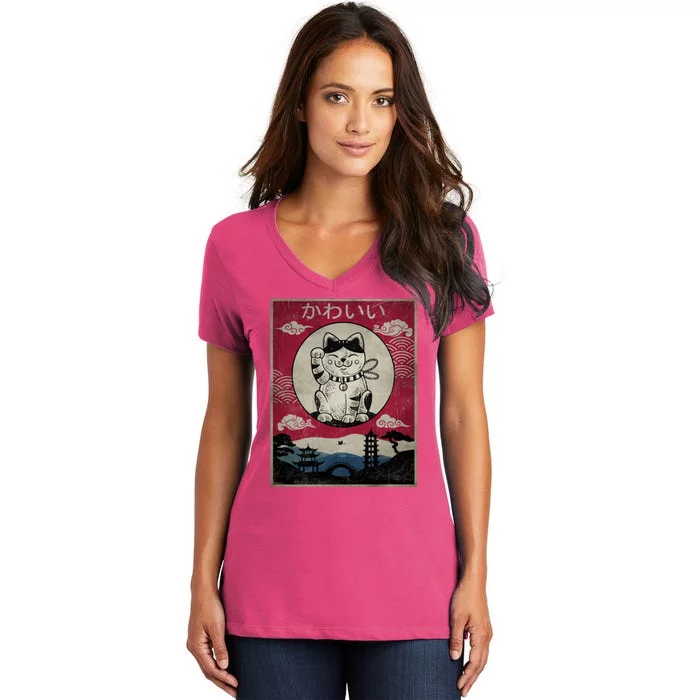 Kawaii Cat Japanese Women's V-Neck T-Shirt