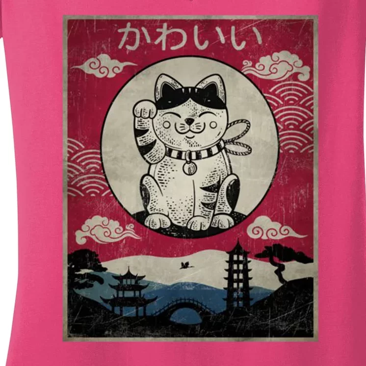 Kawaii Cat Japanese Women's V-Neck T-Shirt