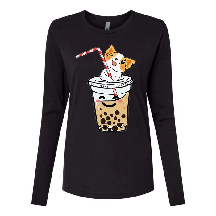 Kawaii Corgi Loves Bubble Tea Funny Bobas Welsh Dog Gift Womens Cotton Relaxed Long Sleeve T-Shirt