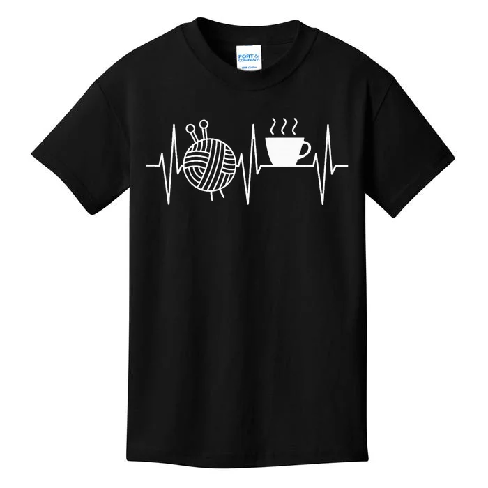 Knitting Coffee Lover Heartbeat Knitting And Coffee Kids T-Shirt