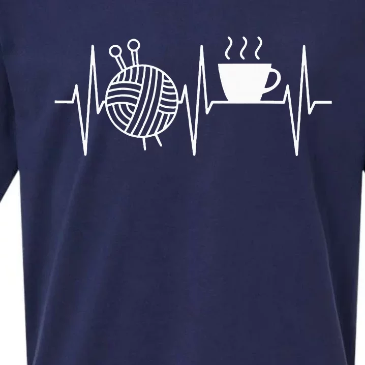 Knitting Coffee Lover Heartbeat Knitting And Coffee Sueded Cloud Jersey T-Shirt