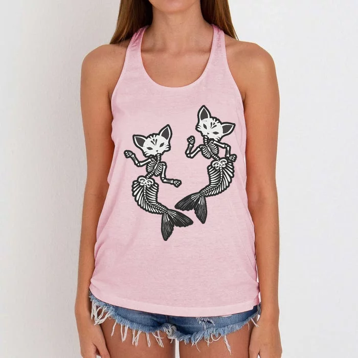 Kitty Cat Mermaid Skeleton Halloween Fantasy Women's Knotted Racerback Tank