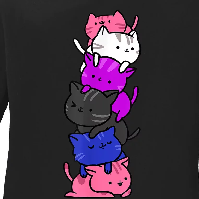 Kawaii Cat Pile Genderfluid Pride Ladies Long Sleeve Shirt