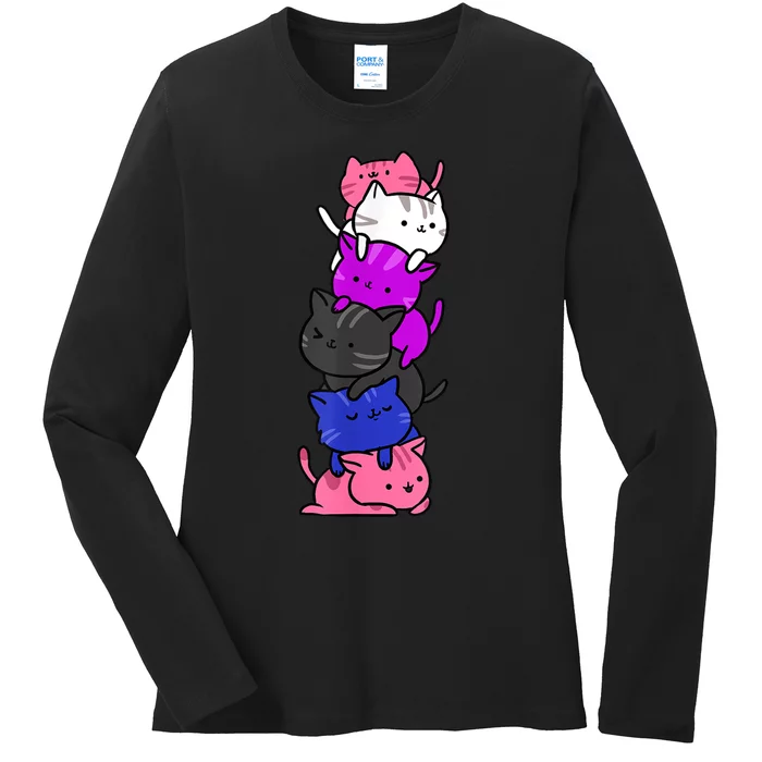 Kawaii Cat Pile Genderfluid Pride Ladies Long Sleeve Shirt