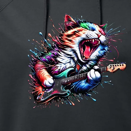 Kitty Cat Playing Guitar Rock Cat Heavy Metal Cat Music Cat Performance Fleece Hoodie