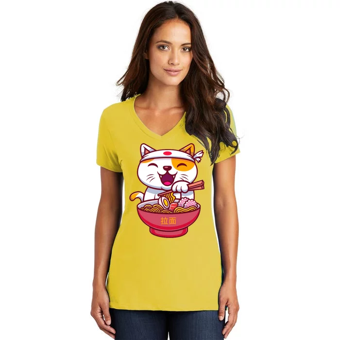 Kawaki Cat Ramen Anime Cartoon Women's V-Neck T-Shirt