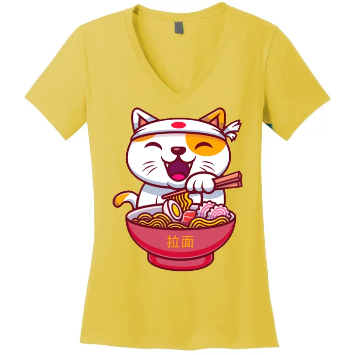 Kawaki Cat Ramen Anime Cartoon Women's V-Neck T-Shirt