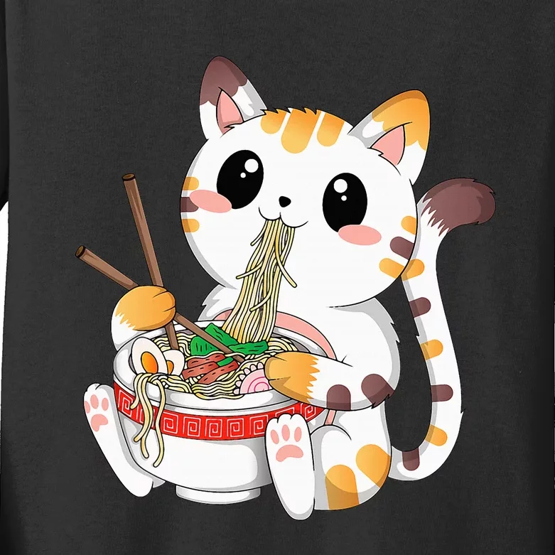 Kawaii Cat Ramen Noodles Anime Neko Japanese Manga Otaku Kids Long Sleeve Shirt