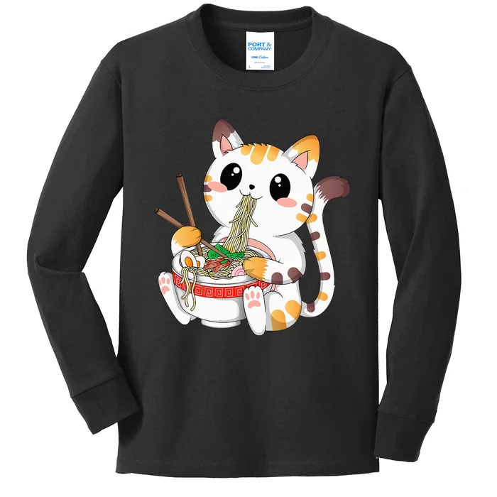 Kawaii Cat Ramen Noodles Anime Neko Japanese Manga Otaku Kids Long Sleeve Shirt