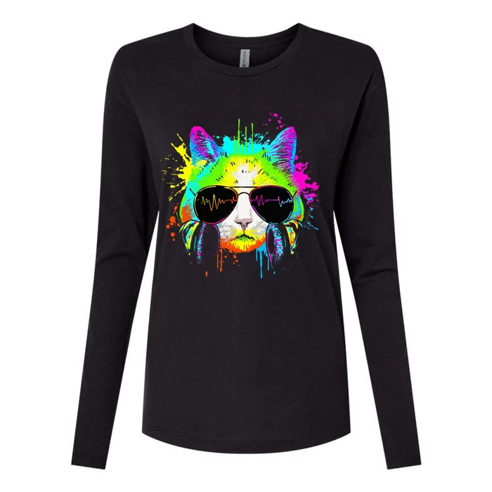 Kitty Colorful Rainbow Rave Music Dj Cat Womens Cotton Relaxed Long Sleeve T-Shirt