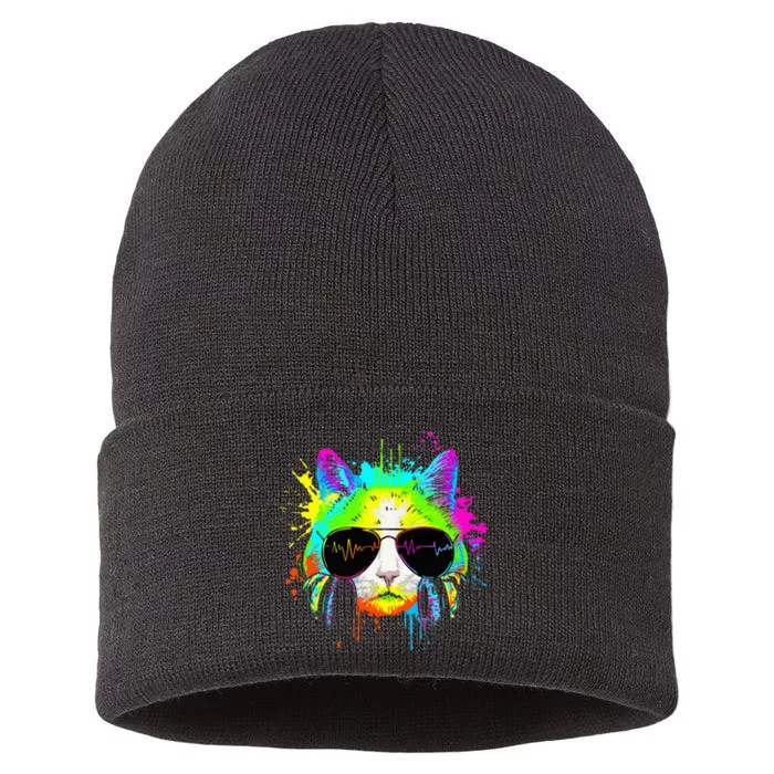 Kitty Colorful Rainbow Rave Music Dj Cat Sustainable Knit Beanie