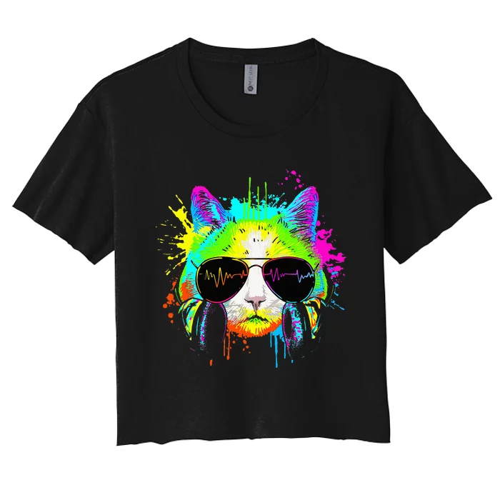 Kitty Colorful Rainbow Rave Music Dj Cat Women's Crop Top Tee