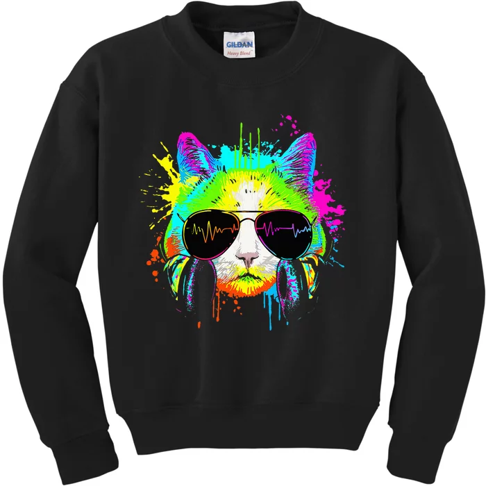 Kitty Colorful Rainbow Rave Music Dj Cat Kids Sweatshirt