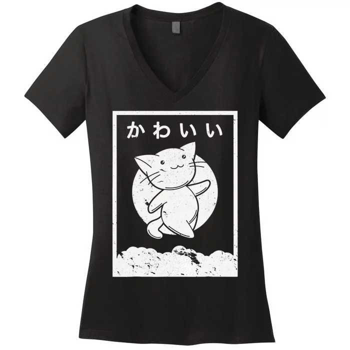 Kawaii Cat Shirt. Retro Style Anime Women's V-Neck T-Shirt