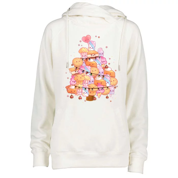 Kawaii Christmas Tree Made From Sweets And Cakes Cute Xmas Gift Womens Funnel Neck Pullover Hood