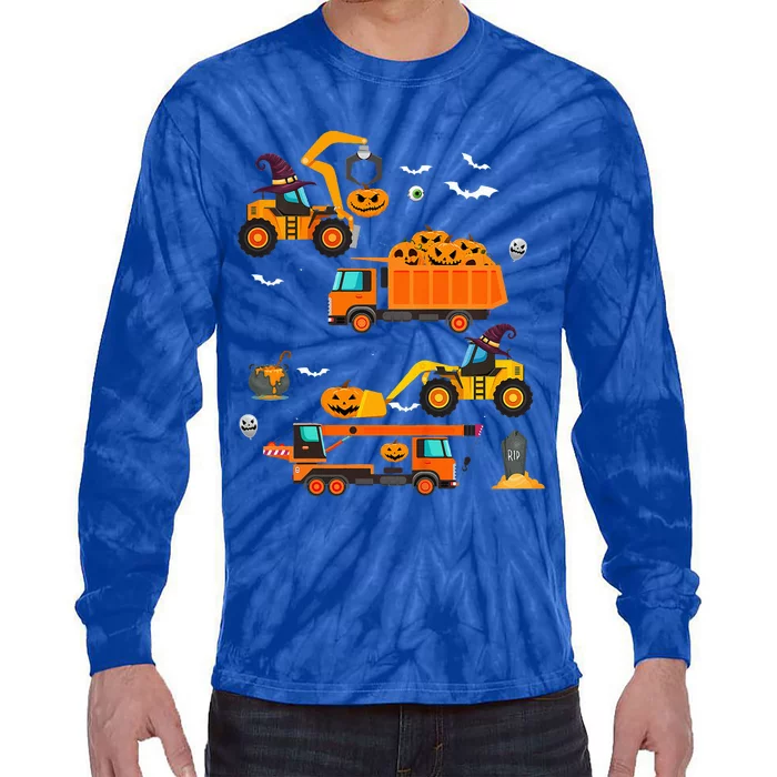 Kids Construction Vehicle Halloween Crane Truck Pumpkin Tie-Dye Long Sleeve Shirt