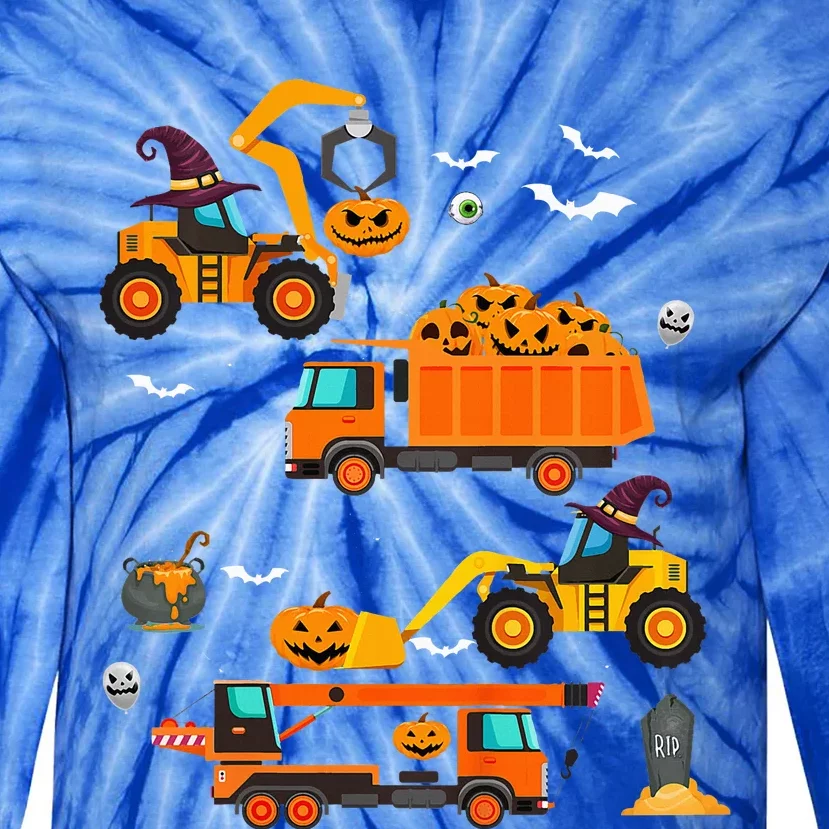 Kids Construction Vehicle Halloween Crane Truck Pumpkin Tie-Dye Long Sleeve Shirt