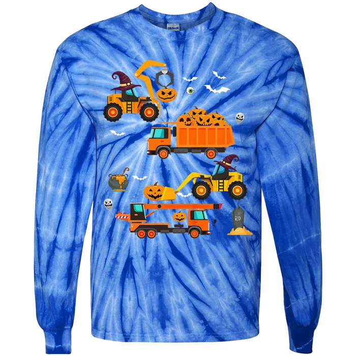 Kids Construction Vehicle Halloween Crane Truck Pumpkin Tie-Dye Long Sleeve Shirt