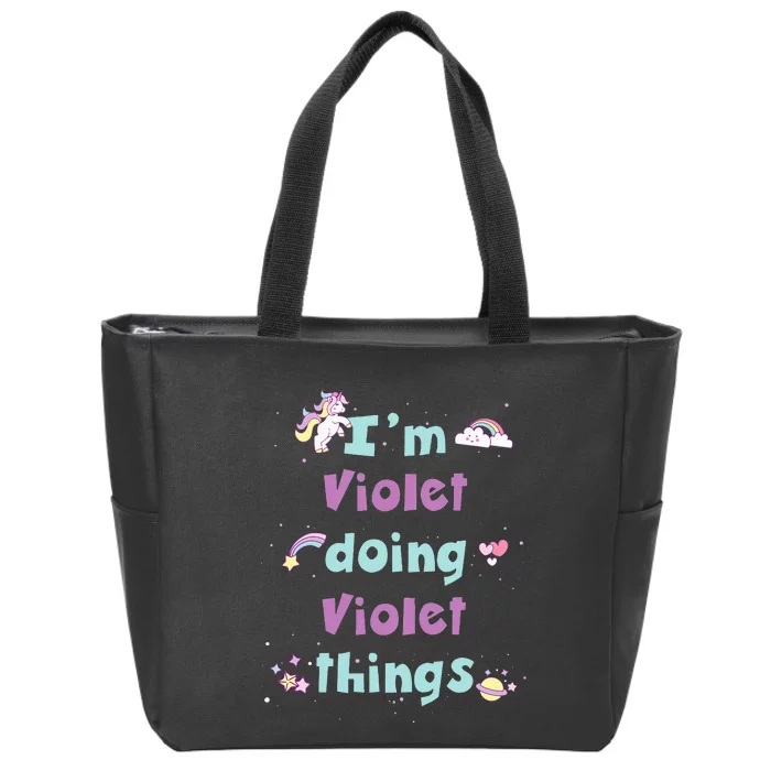 Kids Cute Violet Personalized First Name Zip Tote Bag