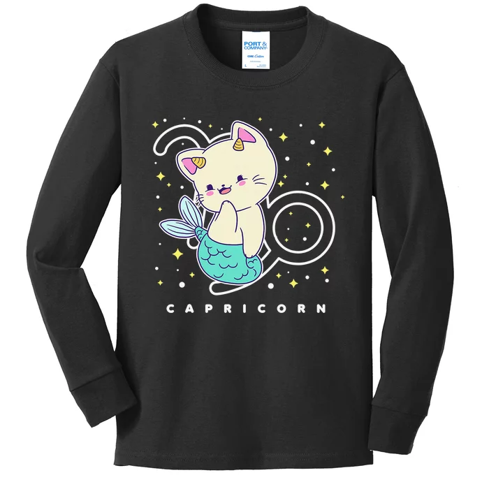 Kawaii Capricorn Zodiac Sign for Cat Lover Funny Kids Long Sleeve Shirt