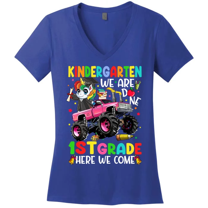 Kindergarten Done 1St Grade Here We Come Unicorn Graduation Gift Women's V-Neck T-Shirt