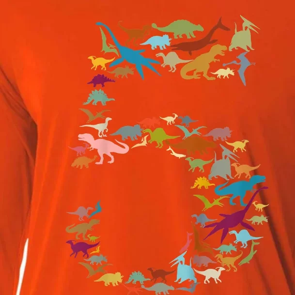 Kids Dinosaur 5th Birthday Boy 5 Year Old Tgiftrex Party Rawr Gift Cooling Performance Long Sleeve Crew