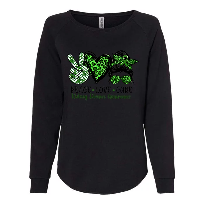 Kidney Disease Awareness Peace Love Cure Green Ribbon Messy Bun Kidney Womens California Wash Sweatshirt