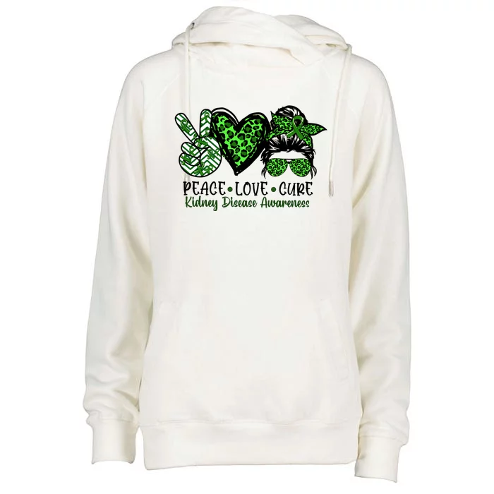 Kidney Disease Awareness Peace Love Cure Green Ribbon Messy Bun Kidney Womens Funnel Neck Pullover Hood