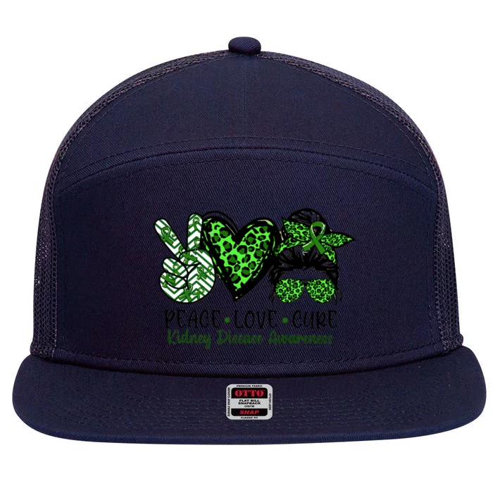 Kidney Disease Awareness Peace Love Cure Green Ribbon Messy Bun Kidney 7 Panel Mesh Trucker Snapback Hat