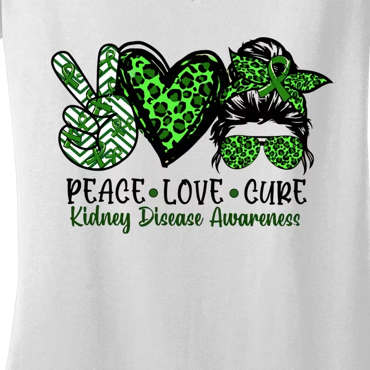 Kidney Disease Awareness Peace Love Cure Green Ribbon Messy Bun Kidney Women's V-Neck T-Shirt