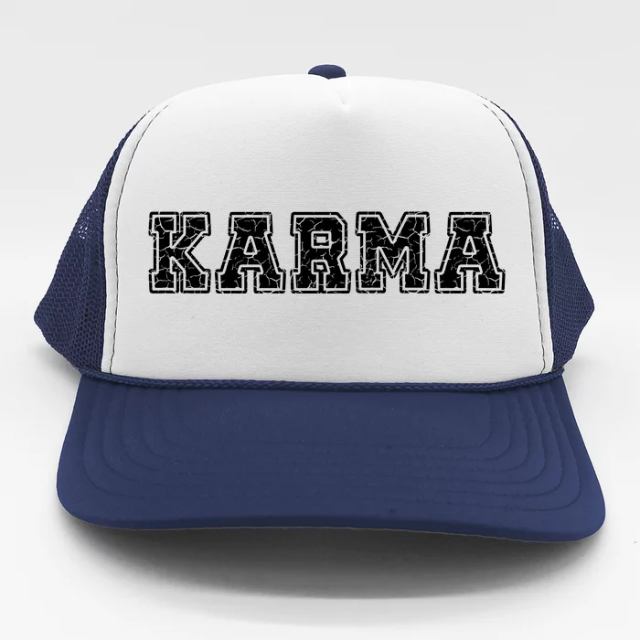 Karma Destressed Font Trucker Hat