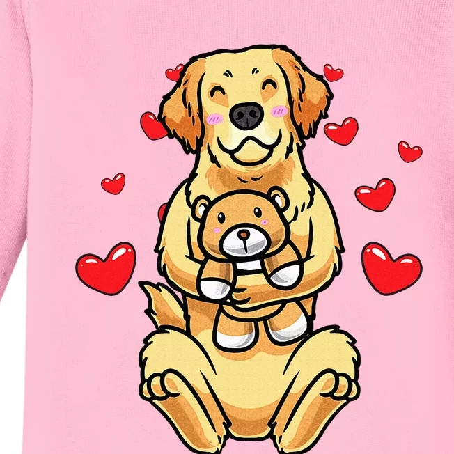 Kawaii Dog Golden Retriever Stuffed Animal And Hearts Baby Long Sleeve Bodysuit