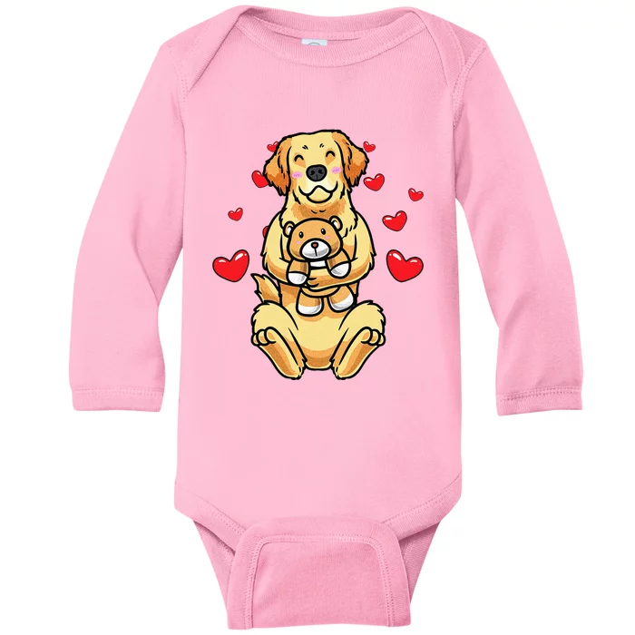 Kawaii Dog Golden Retriever Stuffed Animal And Hearts Baby Long Sleeve Bodysuit