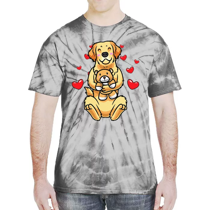 Kawaii Dog Golden Retriever Stuffed Animal And Hearts Tie-Dye T-Shirt