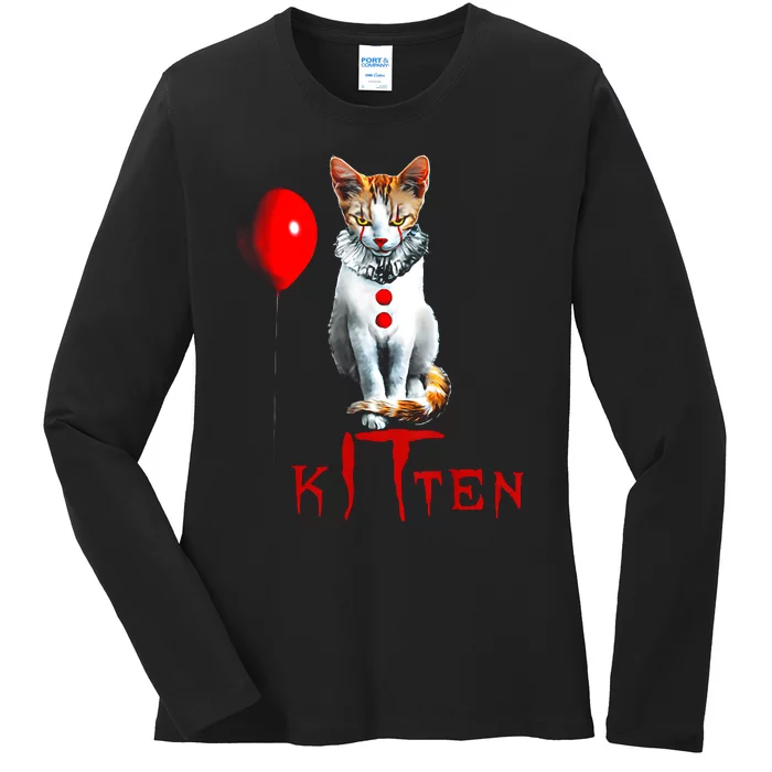 Kitten Dont Look At Me Cat Clown Balloon Halloween Ladies Long Sleeve Shirt